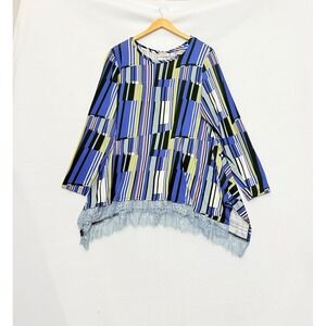 LOGO Lori Goldstein Tunic‎ Striped Lace Hem Long Sleeve Multicolor Flowy Sz 1X